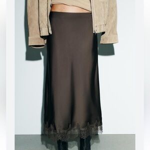 Satin Lace-Hem Midi Skirt in Dark Brown